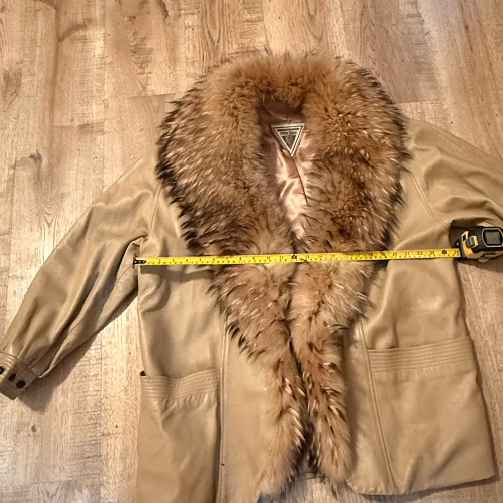 vintage 1980s Marvin Ri hard Tan Leather Jacket with Huge Fur Collar large - Picture 6 of 10